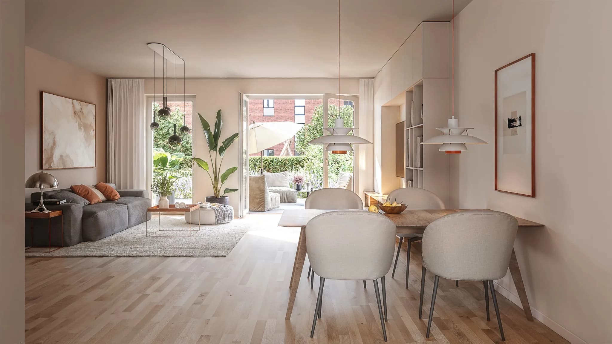 Wohnbereich einer Neubauwohnung mit großen Fenstern