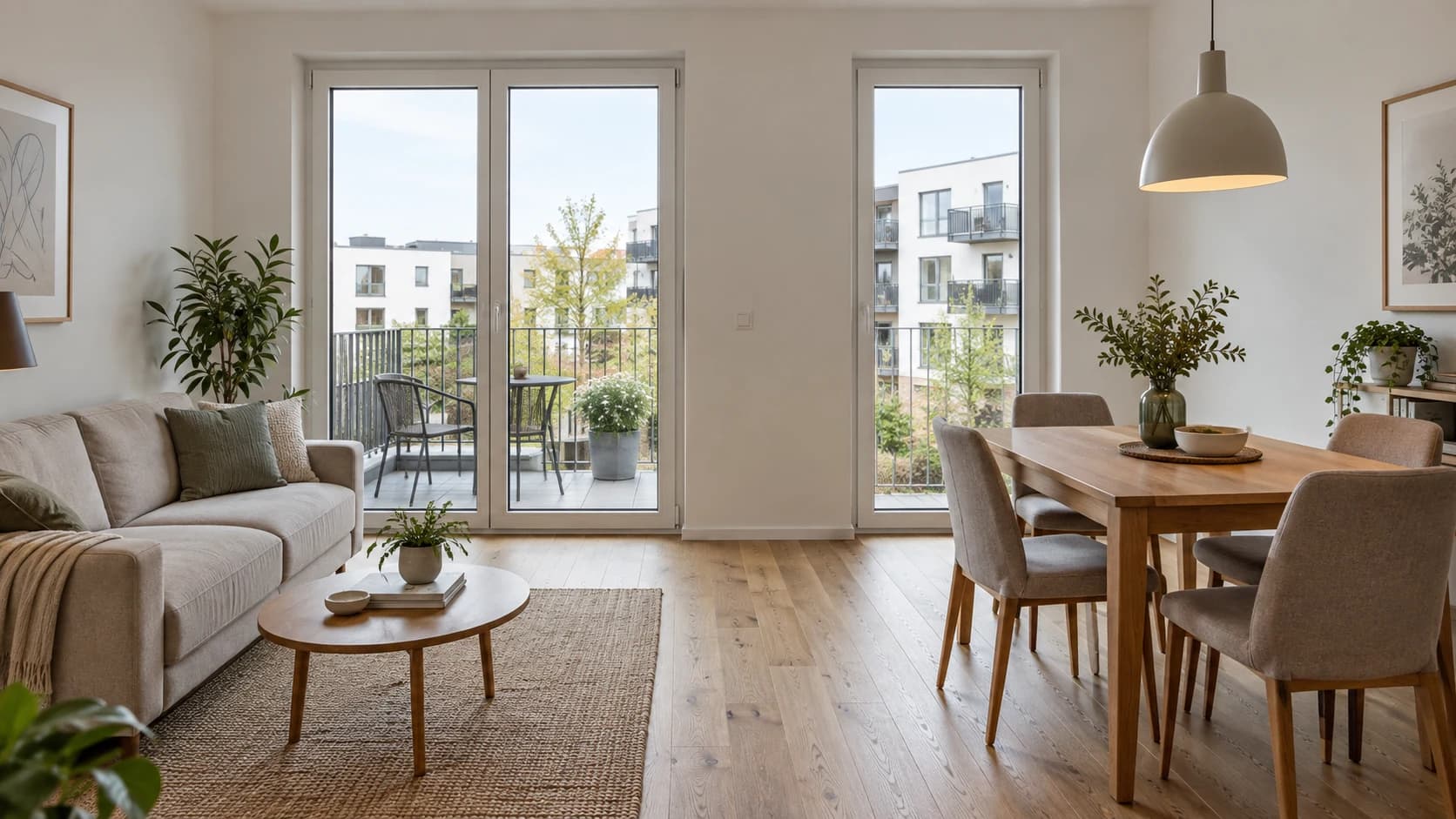 Heller Wohn- und Essbereich mit Zugang ins Freie · KI-Visualisierung · Neubau Kapitalanlage Magdeburg · HOU