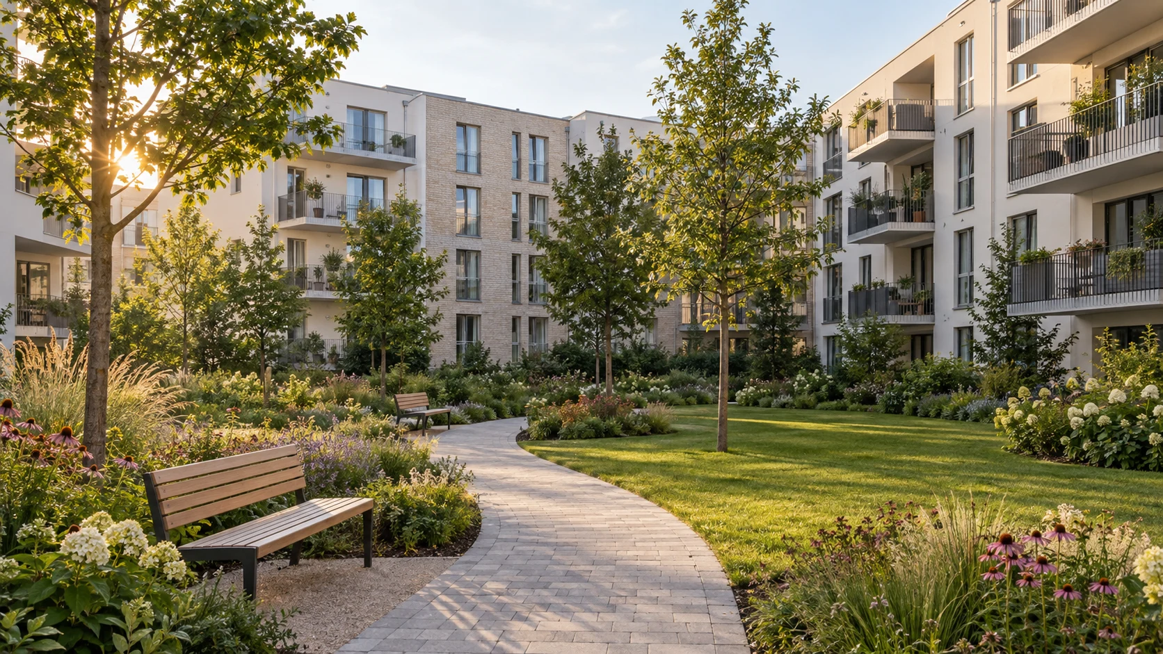 Visualisierung eines begrünten Innenhofs mit Sitzbänken in einem Neubauquartier